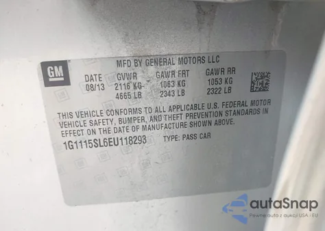 2014 Chevrolet Impala 1Lt from USA, damaged, VIN 1G1115SL6EU118293